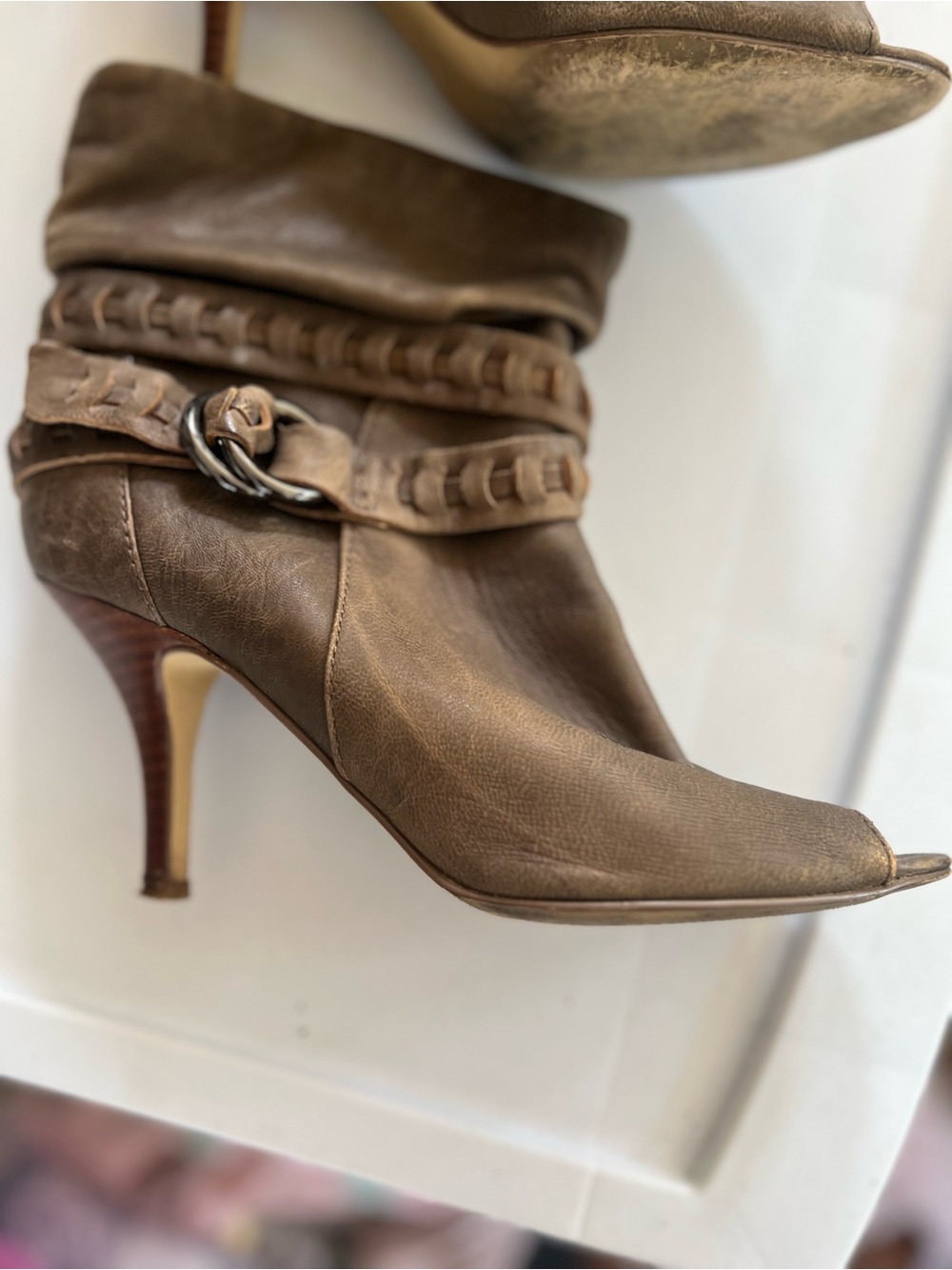 Guess Taupe Leather Pointed-Toe Ankle Boot with Braided Strap